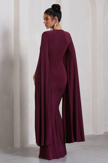Kimmy Burgundy High Neck Maxi Dress With Cape Sleeves